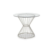 Clear glass round dining table with silver hourglass base, full product view