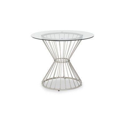 Clear glass round dining table with silver hourglass base, full product view