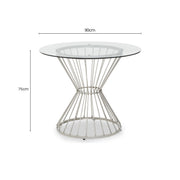 Dimensions diagram for the clear glass round dining table with silver base
