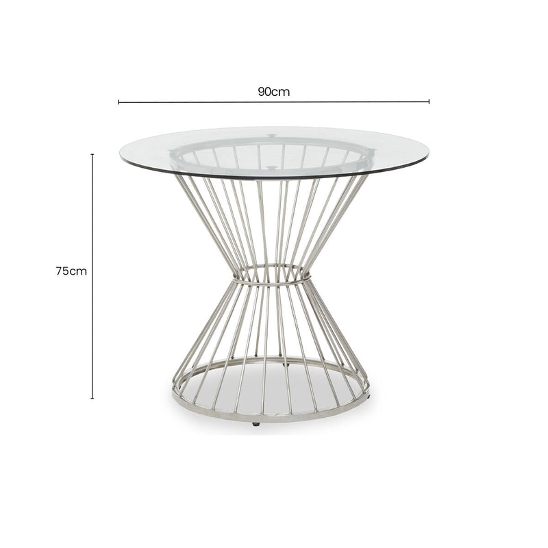 Dimensions diagram for the clear glass round dining table with silver base