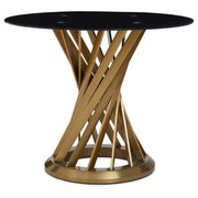 Black glass round dining table with gold hourglass base, full product view