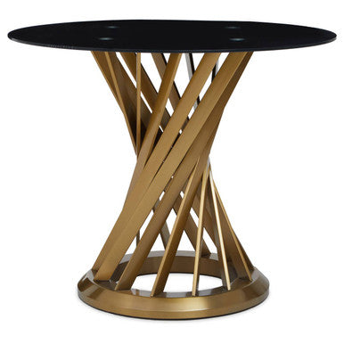 Black glass round dining table with gold hourglass base, full product view