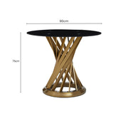 Dimensions diagram for the black glass round dining table with gold base