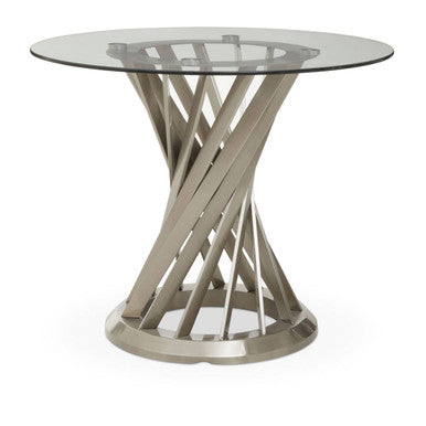 Clear glass round dining table with brushed silver hourglass base, full product view