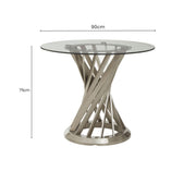 Dimensions diagram for the clear glass round dining table with brushed silver base