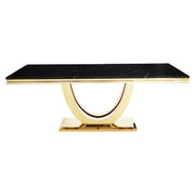 Black faux marble dining table with brushed gold pedestal, full product view