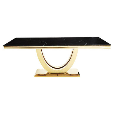 Black faux marble dining table with brushed gold pedestal, full product view