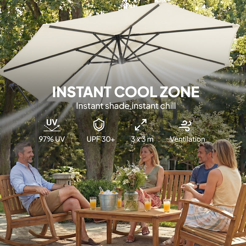 Cantilever Garden Parasol with 360 Degree Rotation and Sandbag Base for Flexible Shade, Cream White