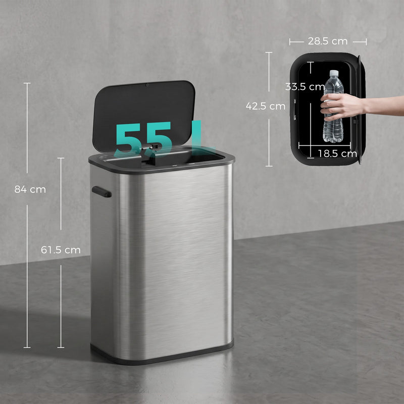 Dimensions diagram of the HOMCOM 55L sensor bin showing 84 cm lid-open height and 61.5 cm body height