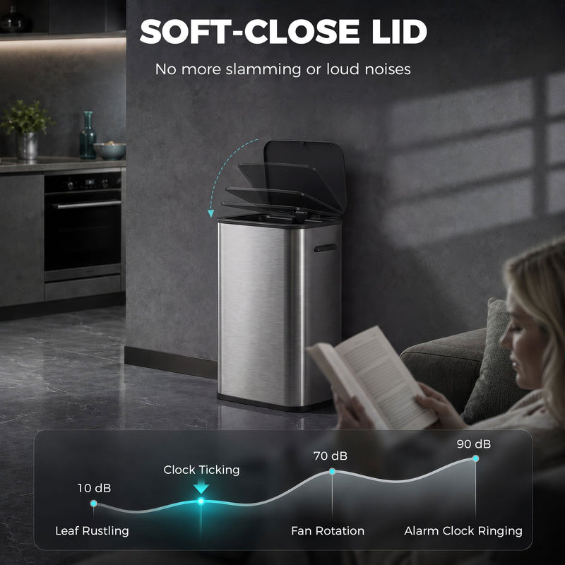 Soft-close lid comparison graphic showing quiet operation next to everyday sounds