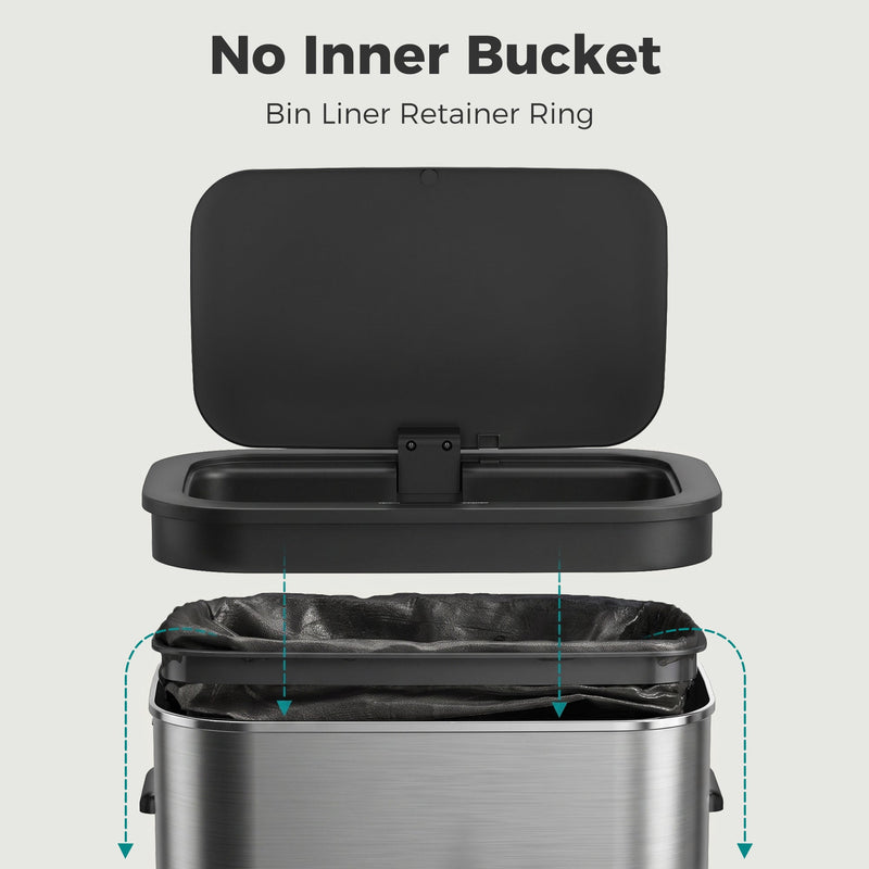 Open bin lid showing no inner bucket, with a liner secured by the bag retainer ring