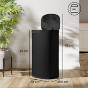Dimension diagram of the HOMCOM sensor bin: 38cm depth, 28.5cm width, 69cm height, 92cm with lid open, 55L capacity