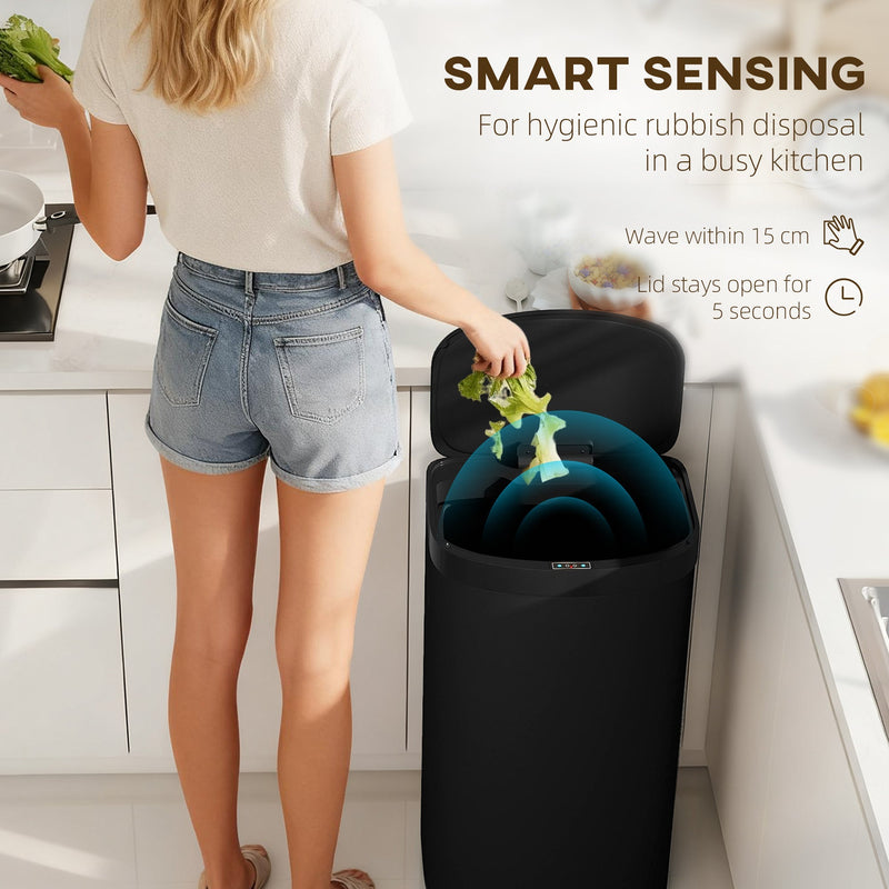 Graphic showing the touchless sensor opens within 15cm and the lid stays open for 5 seconds