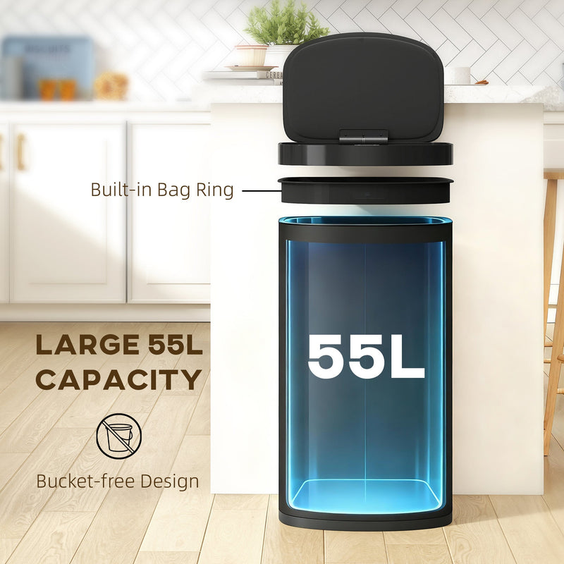 Cutaway view of the HOMCOM bin showing 55L capacity, bucket-free design and built-in bag ring