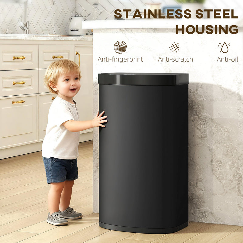Child touching the HOMCOM bin's anti-fingerprint, anti-scratch and anti-oil stainless steel housing