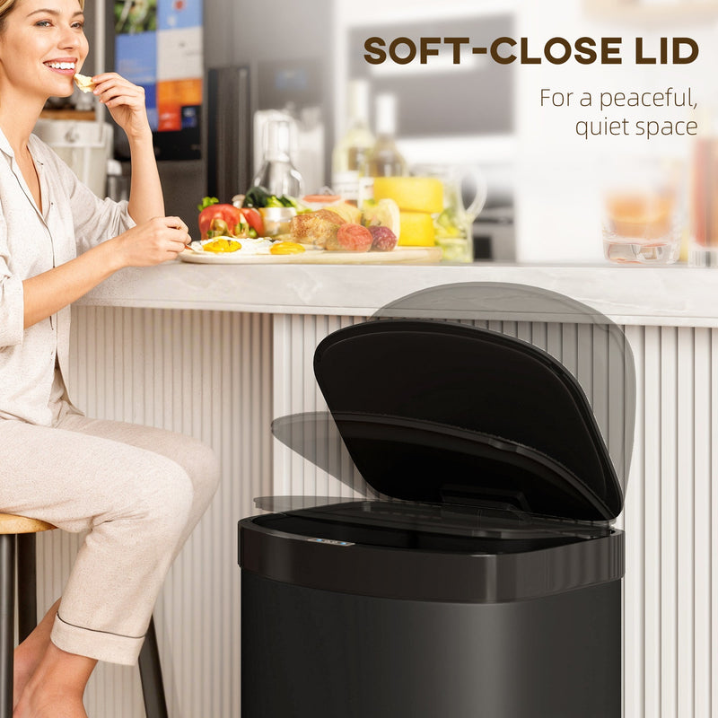 Soft-close lid graphic showing the HOMCOM bin closing quietly in a kitchen setting