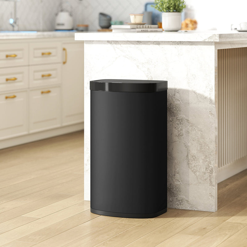 HOMCOM sensor bin in black fitted neatly under a kitchen island counter