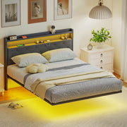 Double Floating Bed Frame with LED Lights, Charging Ports and Storage Shelves, Grey Homcom