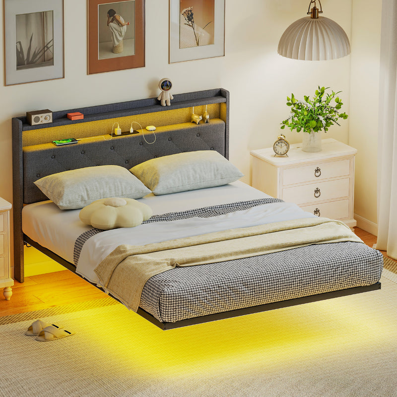 Double Floating Bed Frame with LED Lights, Charging Ports and Storage Shelves, Grey Homcom
