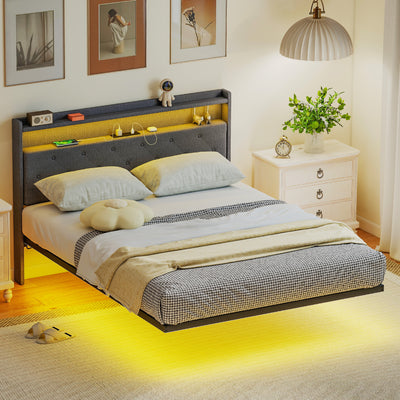 Double Floating Bed Frame with LED Lights, Charging Ports and Storage Shelves, Grey Homcom