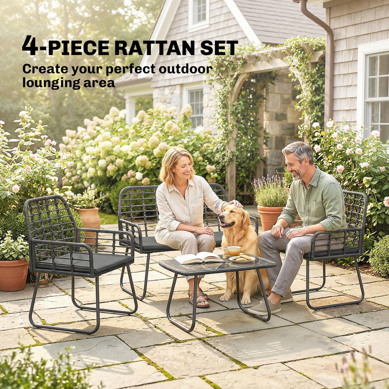 Rattan Garden Furniture Set for Small Patios or Balconies with Cushions and Coffee Table Black Outsunny