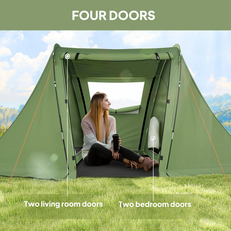 Family Camping Tent with Two Bedrooms and Living Area for 2–3 People Waterproof Green