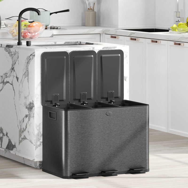 Triple Kitchen Bin 60LWith Soft Close Lids And Removable Inner Buckets Black