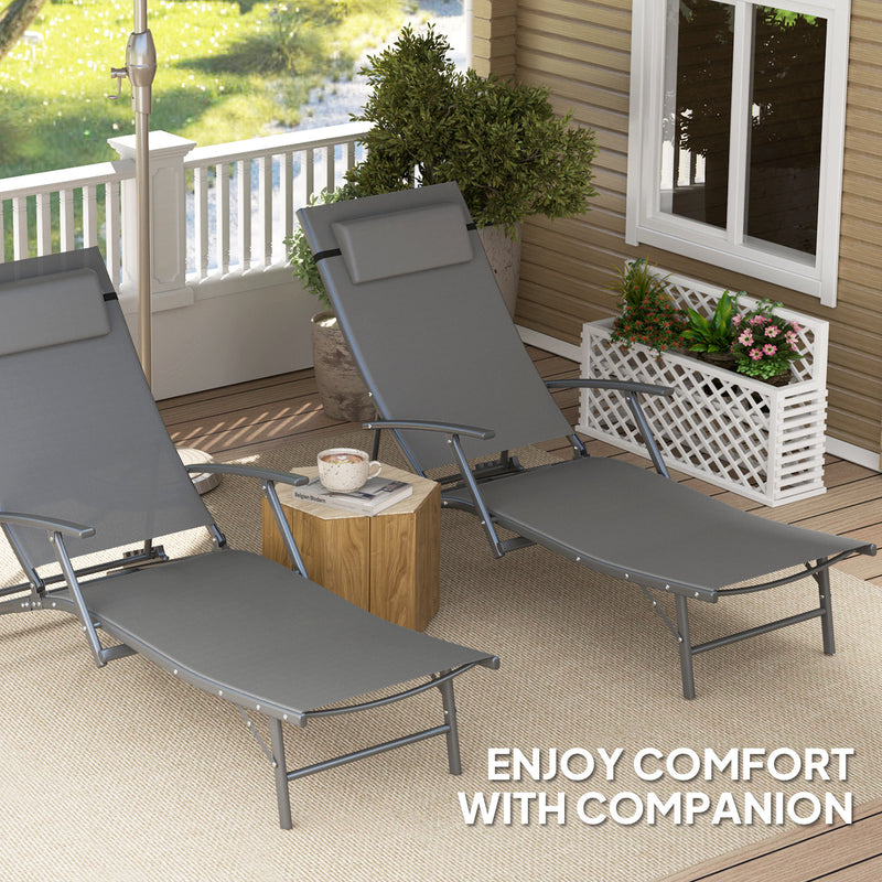 Set of 2 Grey Folding Sun Loungers with Adjustable Backrest and Pillows for Garden and Beach by Outsunny