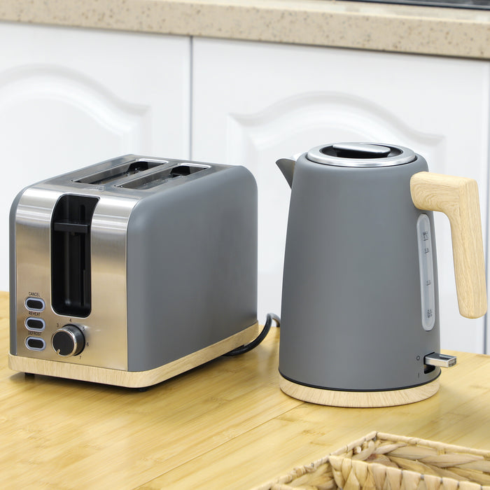 Grey 1.7L Fast Boil Cordless Kettle and 2 Slice Toaster Set with 7 Browning Levels by HOMCOM