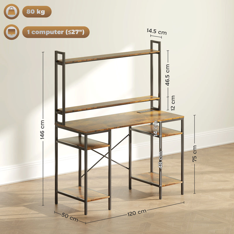 Rustic Brown Computer Desk with Power Outlets LED Lights and Hutch by HOMCOM