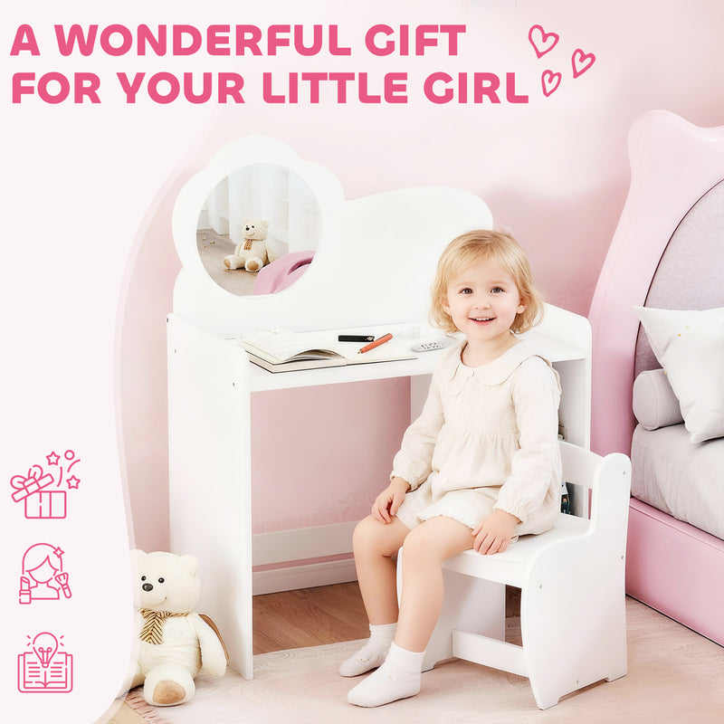 Kids Dressing Table With Mirror and Storage Shelves Includes Stool For Ages 3 to 8 White AOSOM