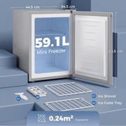 Dimensions diagram of the grey mini freezer: 44.5 cm wide, 54.5 cm deep, 63.5 cm high, 59.1L capacity and 0.24 square metre footprint, with 2 wire shelves, ice shovel and ice cube tray