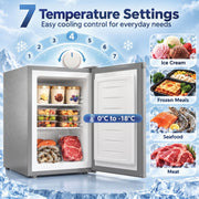 Open grey mini freezer with ice cream, frozen meals, seafood and meat inside, with 7 temperature settings from 0 to -18°C