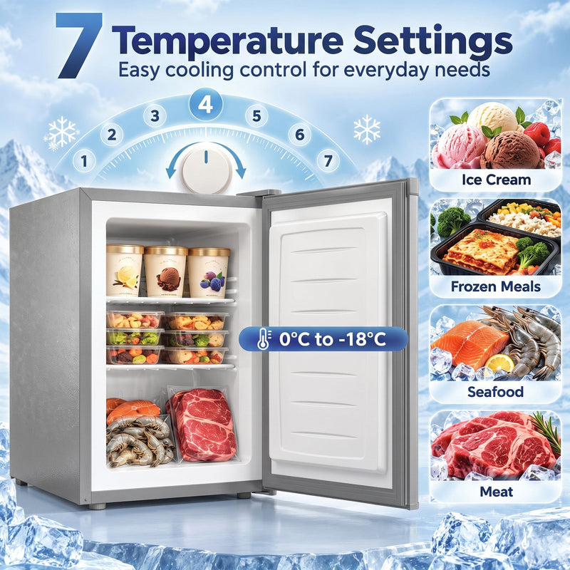Open grey mini freezer with ice cream, frozen meals, seafood and meat inside, with 7 temperature settings from 0 to -18°C