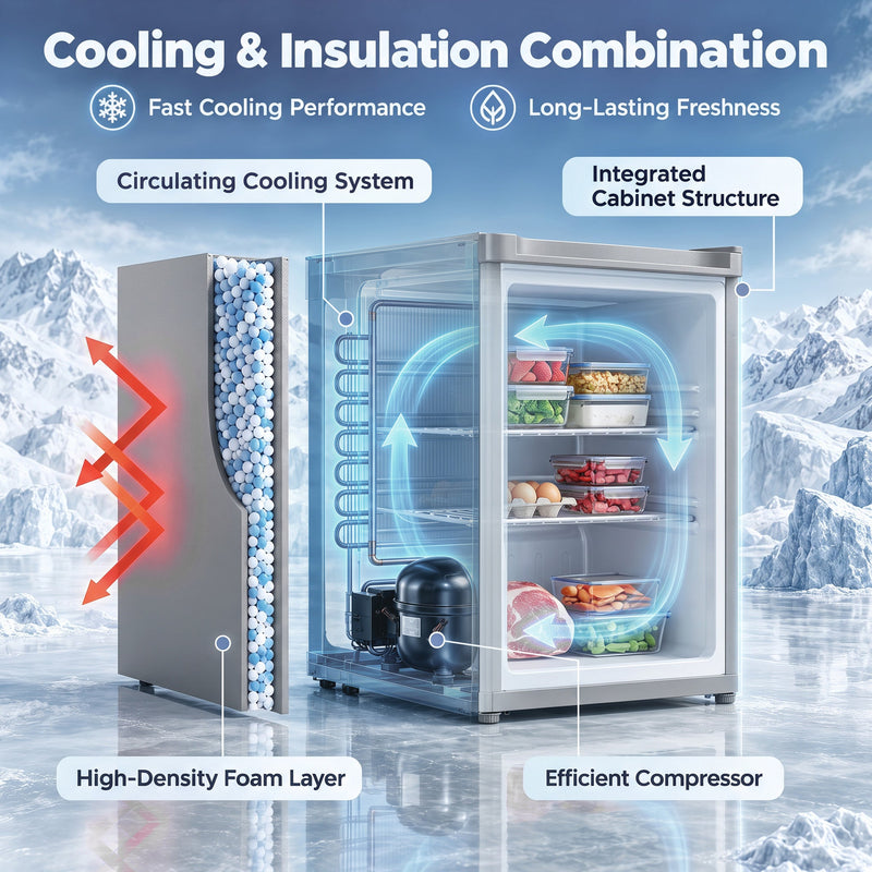 Cutaway infographic of the grey mini freezer showing its insulation layer, cooling system and compressor