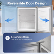 Infographic of the grey mini freezer's reversible door with detachable hinge opening left or right