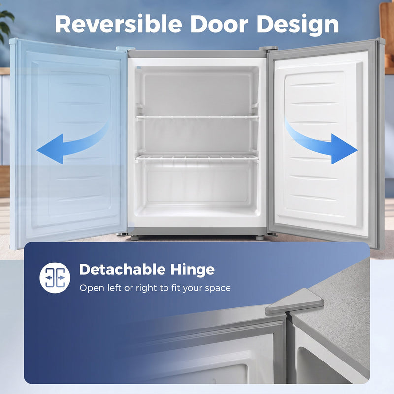 Infographic of the grey mini freezer's reversible door with detachable hinge opening left or right