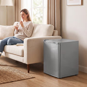 Grey mini freezer next to a sofa while a woman eats ice cream