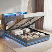 Double ottoman bed in a bedroom with the base raised over folded bedding