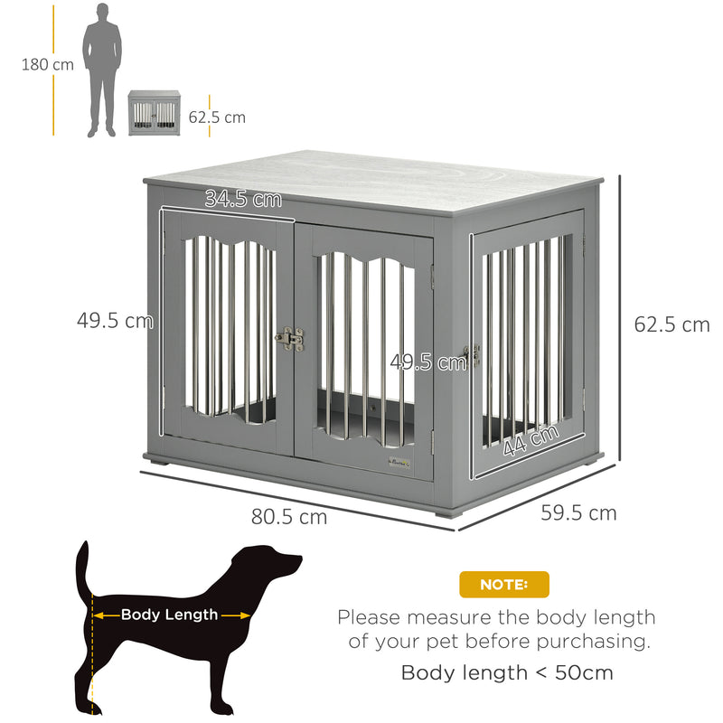 Wooden Dog Crate End Table with Triple Doors and Locks for Indoor Use Grey