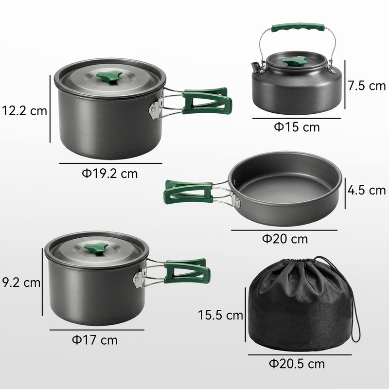 Camping Cookware Set for 4–5 People with Compact Nesting Design for Easy Group Cooking Grey Green
