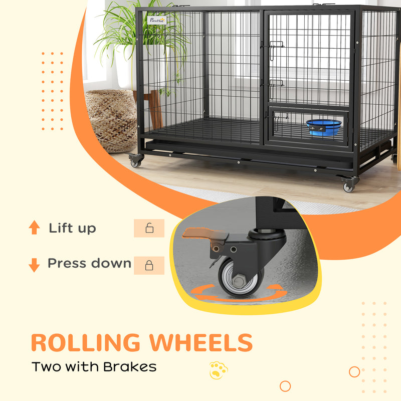 Heavy Duty Dog Crate with Wheels Bowl Holder and Removable Tray for Large Dogs Black