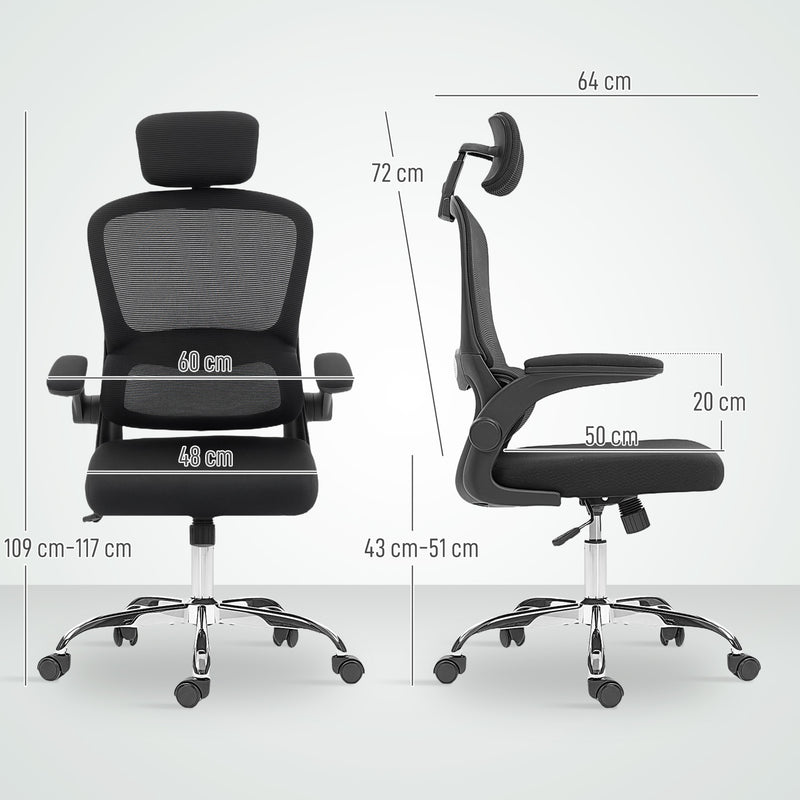 Mesh Office Chair with Lumbar Support and Flip Up Arms for Comfortable All Day Work Black