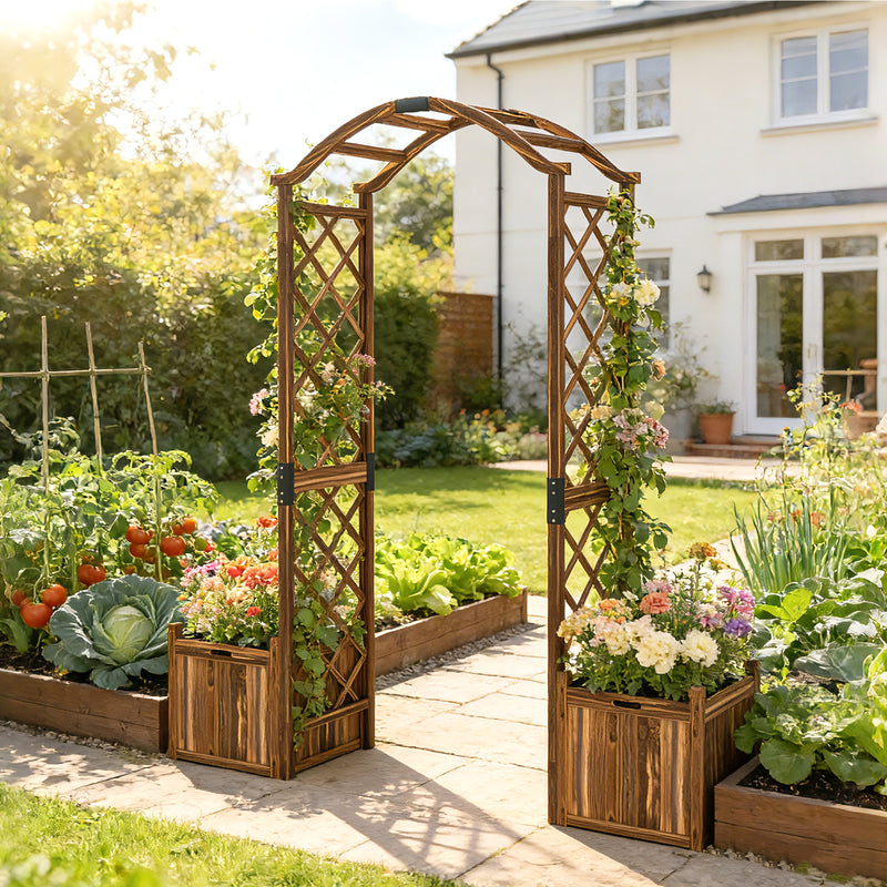 Wooden Garden Arch with Planter Boxes and Trellis Sides for Climbing Plants Carbonised