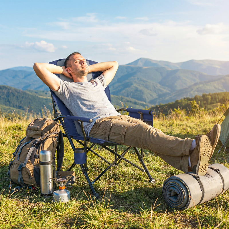 Folding Camping Chair with Padded Seat and Cup Holder for Garden or Outdoor Use Dark Blue