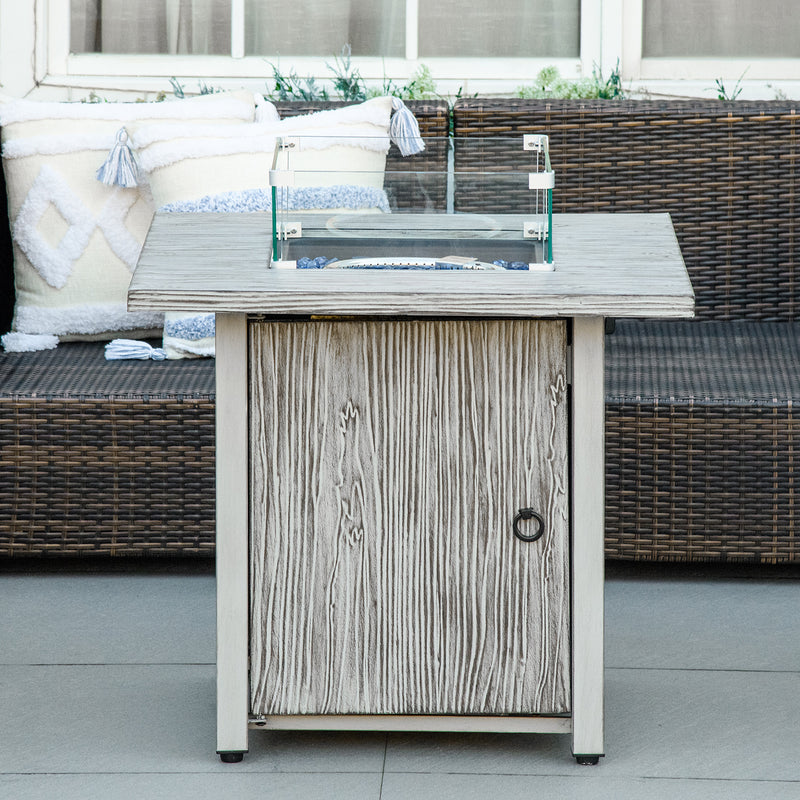 Grey Square Gas Fire Pit Table 71cm with Glass Screen and Cover for Outdoor Heating 50000 BTU