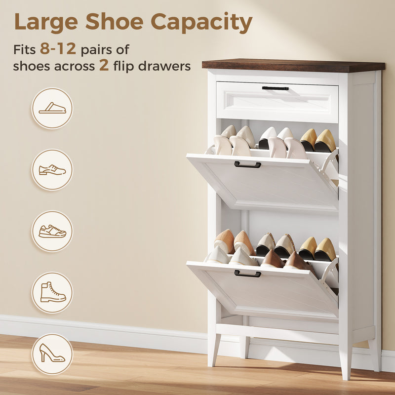 Slim Shoe Storage Cabinet for Narrow Hallways with Flip Drawers and Top Organiser White Homcom