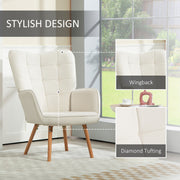 Set of 2 Velvet Wingback Armchairs with Wood Legs for Lounge or Living Room Cream White AOSOM