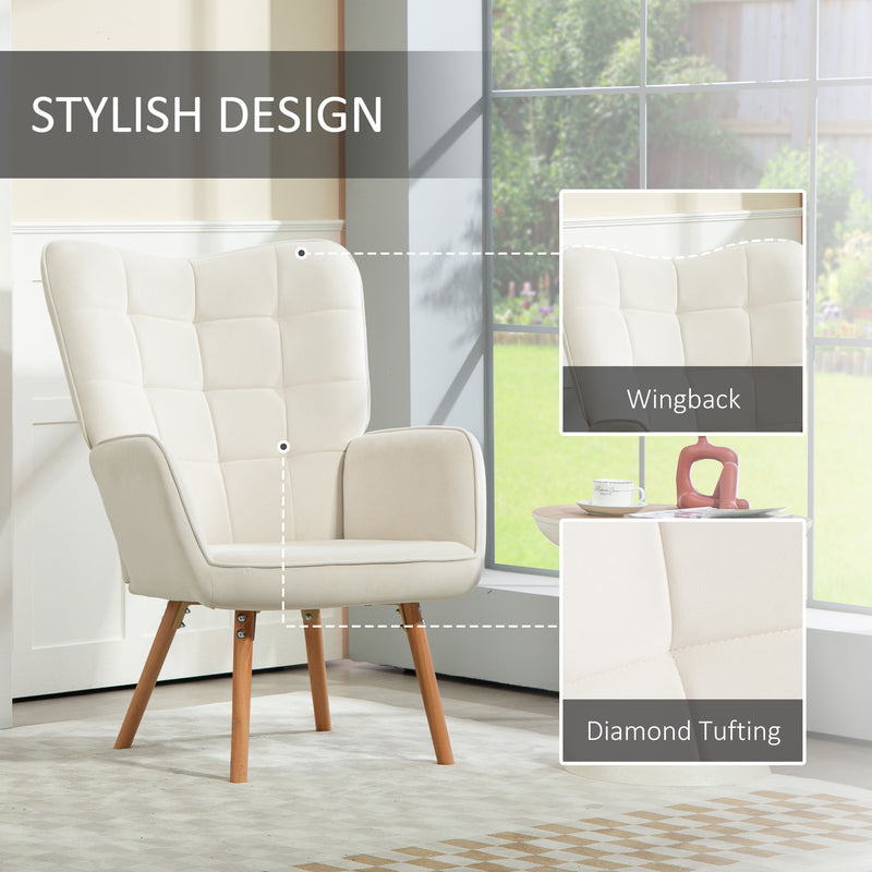 Set of 2 Velvet Wingback Armchairs with Wood Legs for Lounge or Living Room Cream White AOSOM