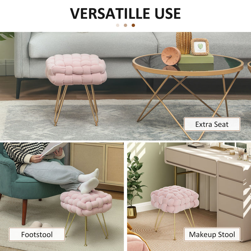 Pink Velvet Feel Woven Square Footstool with Gold Legs Bold Design by HOMCOM